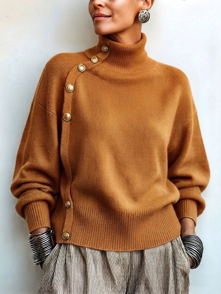 Idalisa - Turtleneck Button Trim Long Sleeve Sweater