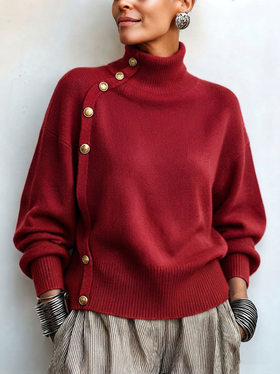 Idalisa - Turtleneck Button Trim Long Sleeve Sweater
