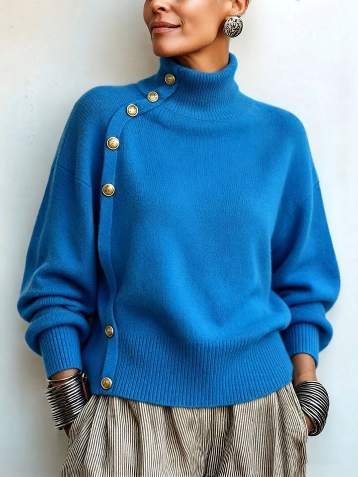 Idalisa - Turtleneck Button Trim Long Sleeve Sweater