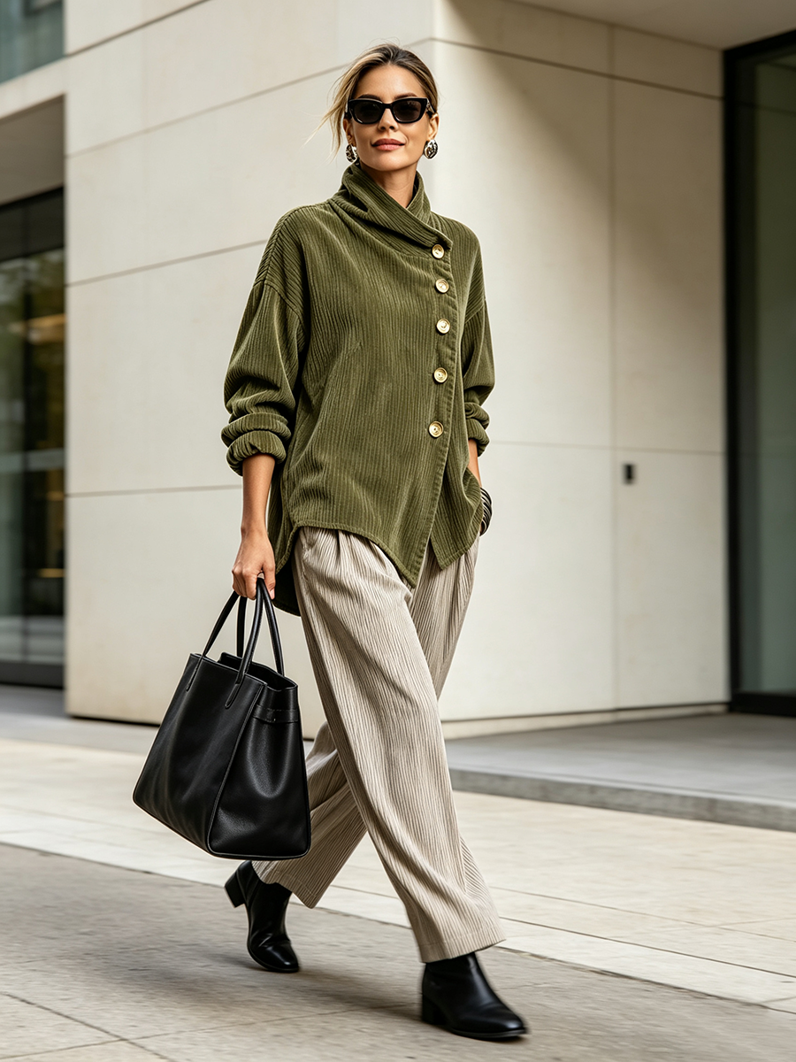 Lianana - Asymmetric Button-Up Corduroy Sweater