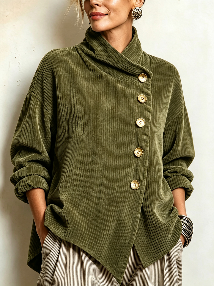 Lianana - Asymmetric Button-Up Corduroy Sweater