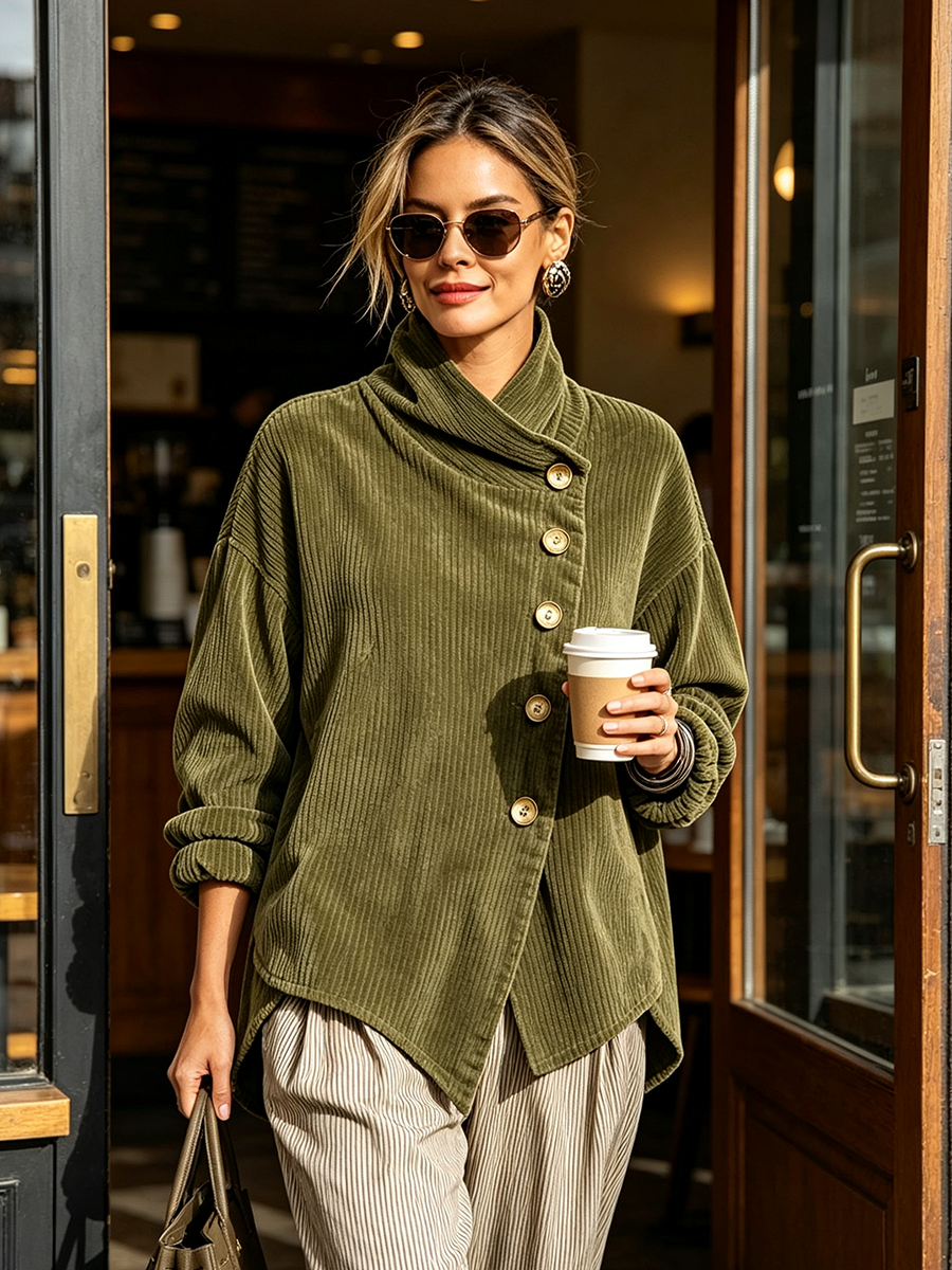 Lianana - Asymmetric Button-Up Corduroy Sweater