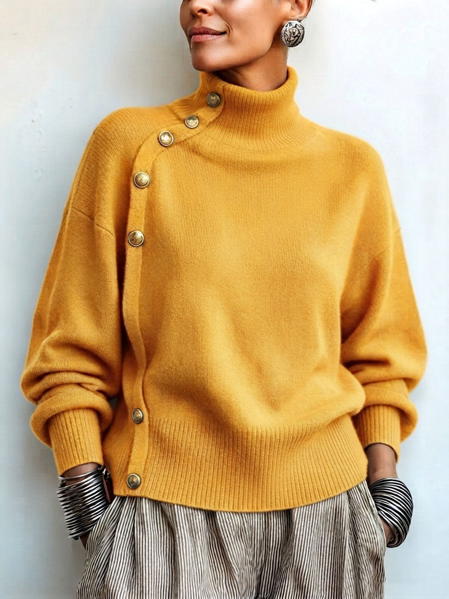 Idalisa - Turtleneck Button Trim Long Sleeve Sweater