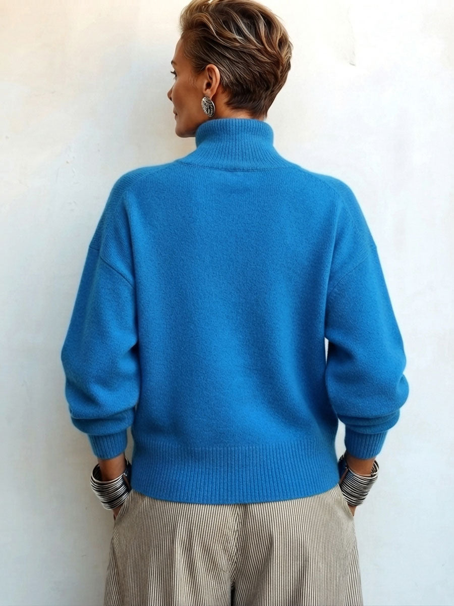 Idalisa - Turtleneck Button Trim Long Sleeve Sweater