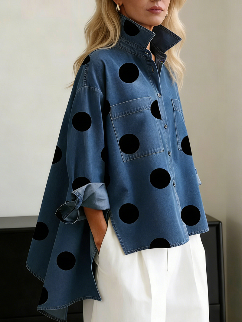Liliira - Long Sleeve Polka Dot Denim Button-Up Shirt