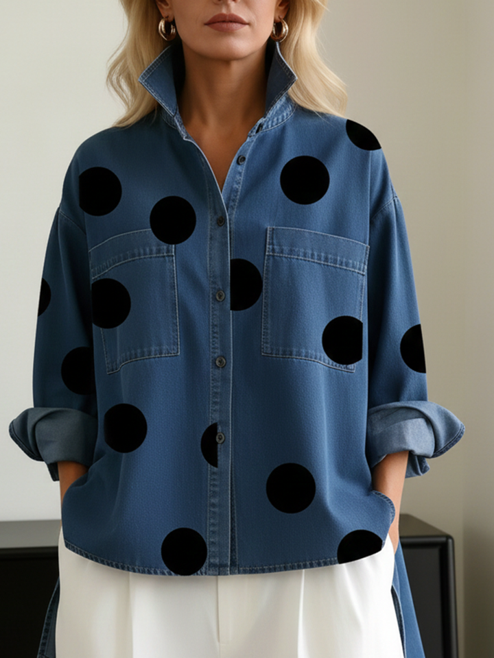 Liliira - Long Sleeve Polka Dot Denim Button-Up Shirt