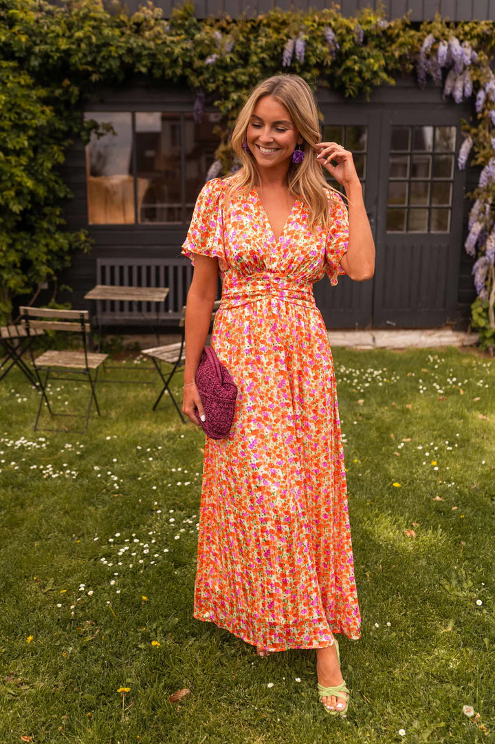 Sampaio - Elegant V-Neck Dress With Floral Print