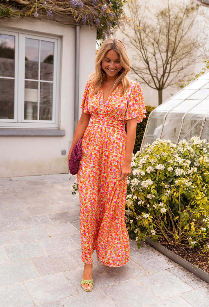 Sampaio - Elegant V-Neck Dress With Floral Print