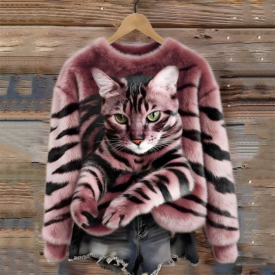 Melietta - Faux Fur Sweater With Cat Print
