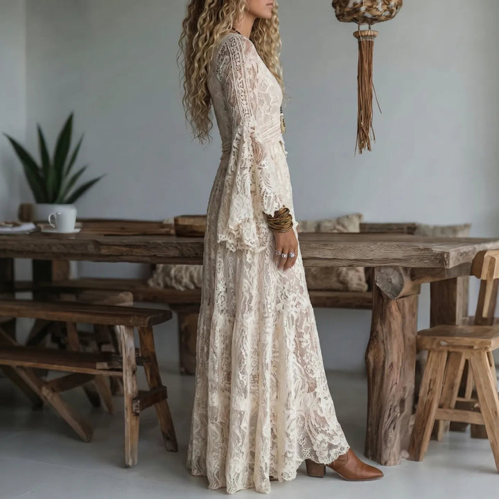 Chariya - Floral Lace Bell Sleeve Bohemian Maxi Dress