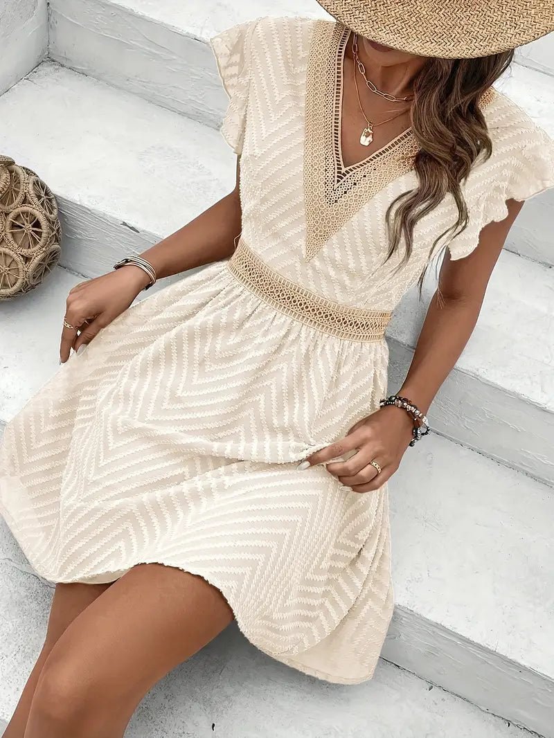 Lillian - Lace Trim Mini Dress With V Neck