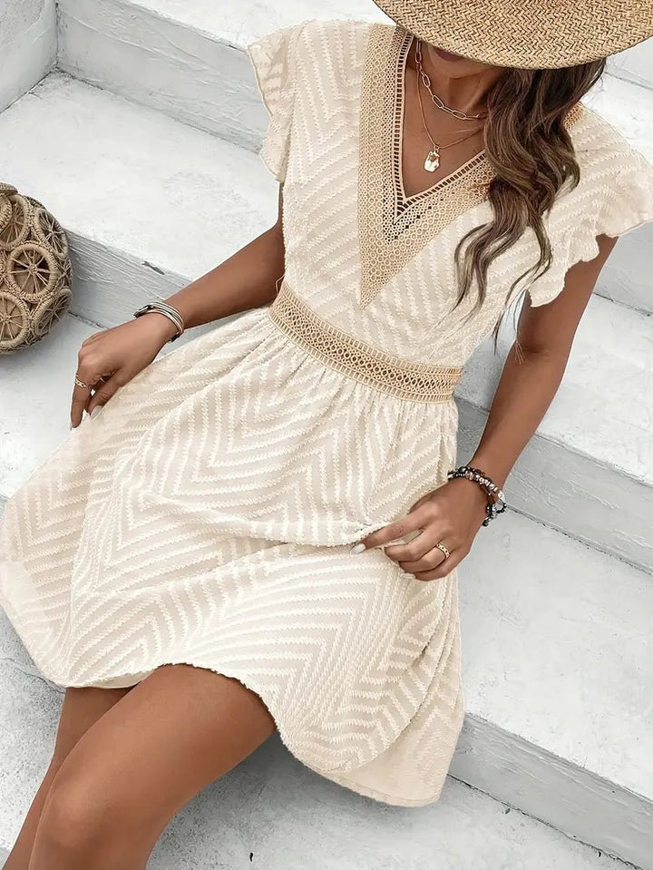 Lillian - Lace Trim Mini Dress With V Neck