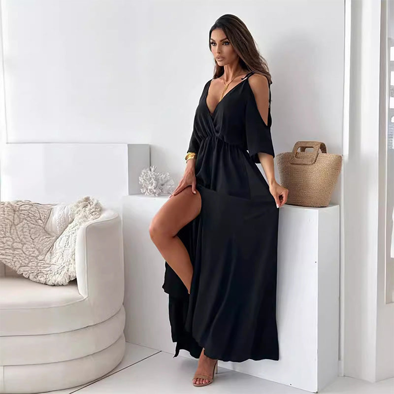 Dellaa - Elegant V-Neck Dress With Side Slit