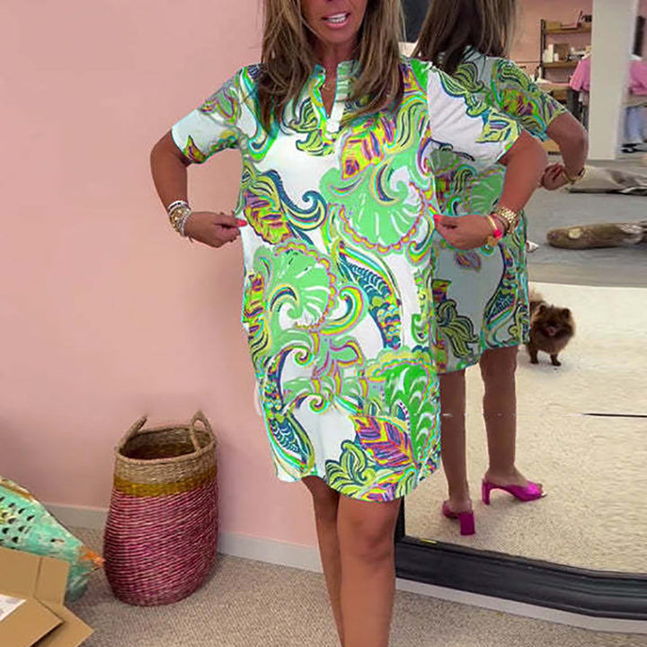 Heloise - Colorful Printed V-Neck Dress