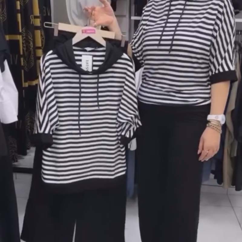 Dwiska - Stripped Top And Solid Pants Set