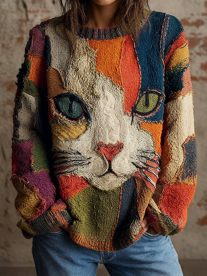 Kalisa - Casual Artistic Patchwork Cat Face Top