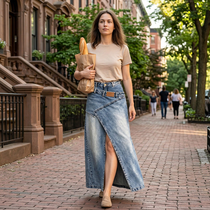 Iliza - Asymmetric Layered Denim Skirt With Slit
