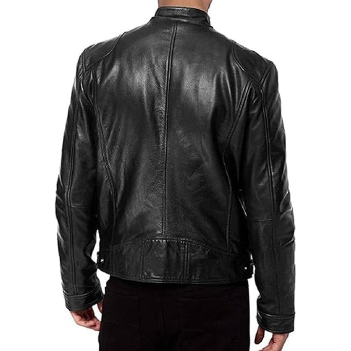 Dimitwin - Stand Collar Zip Up Leather Jacket