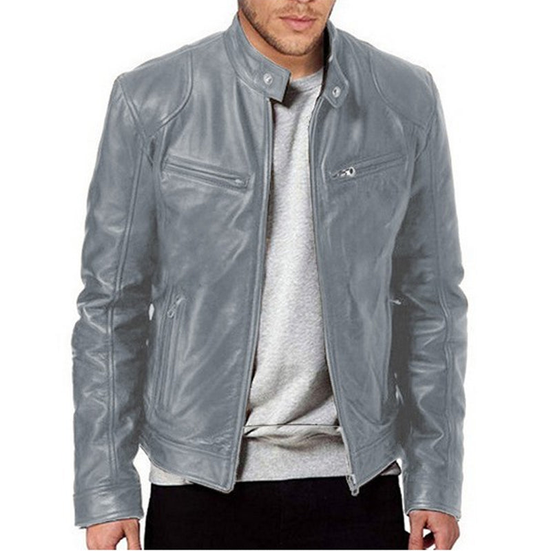Dimitwin - Stand Collar Zip Up Leather Jacket