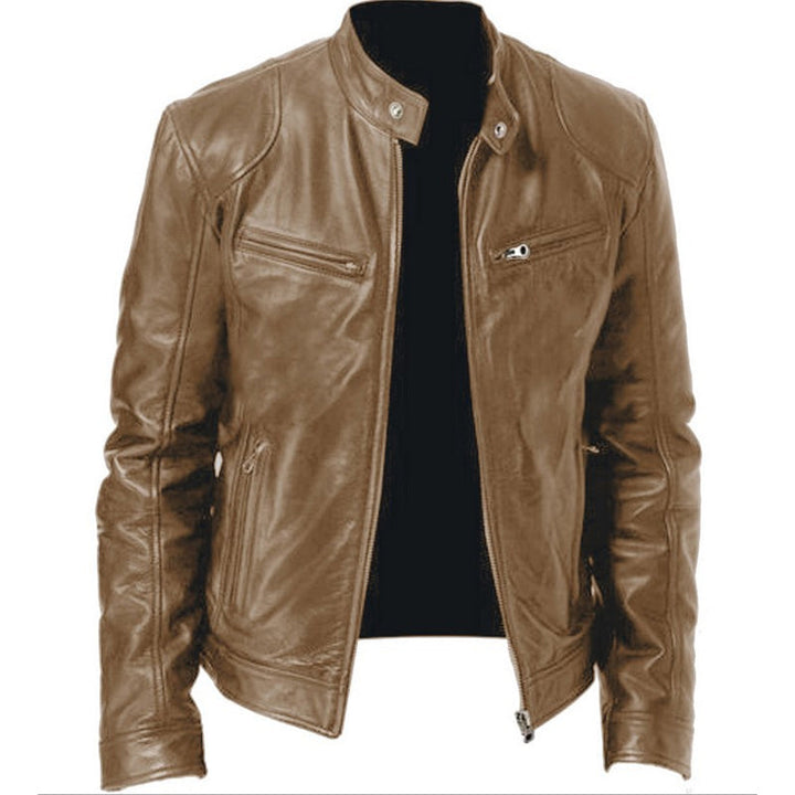 Dimitwin - Stand Collar Zip Up Leather Jacket