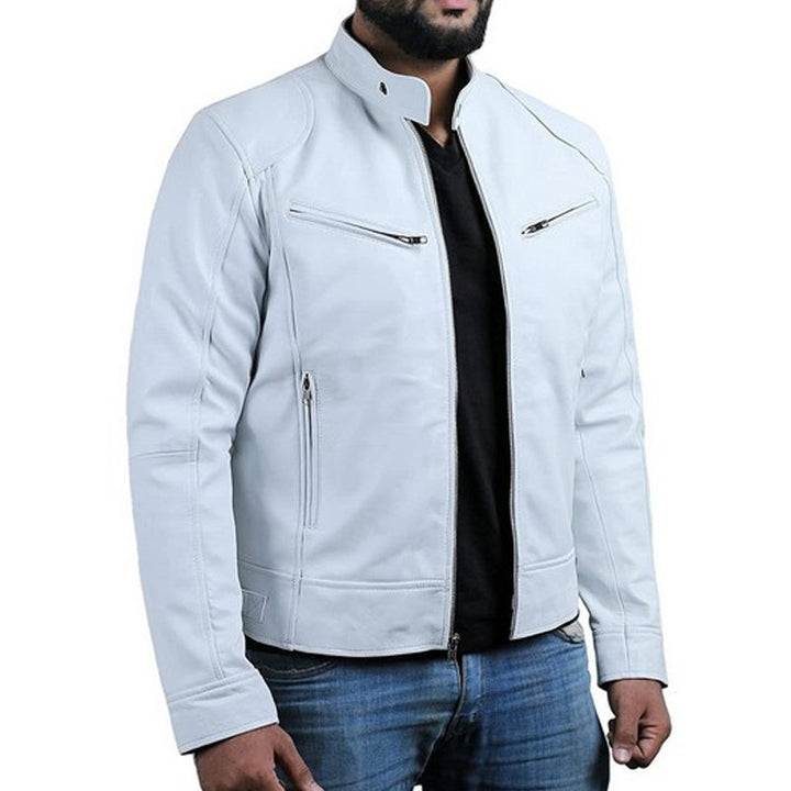 Dimitwin - Stand Collar Zip Up Leather Jacket