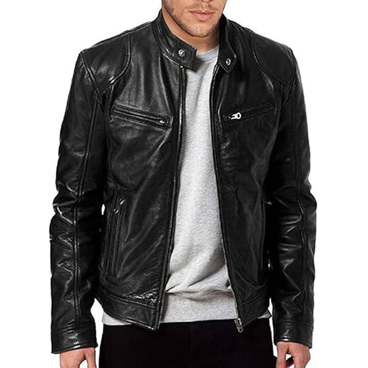 Dimitwin - Stand Collar Zip Up Leather Jacket