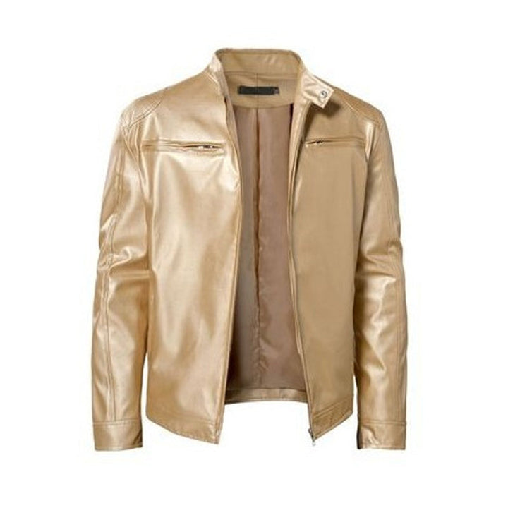 Dimitwin - Stand Collar Zip Up Leather Jacket