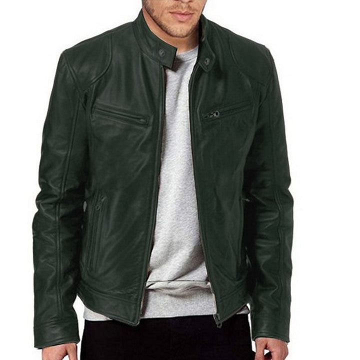 Dimitwin - Stand Collar Zip Up Leather Jacket