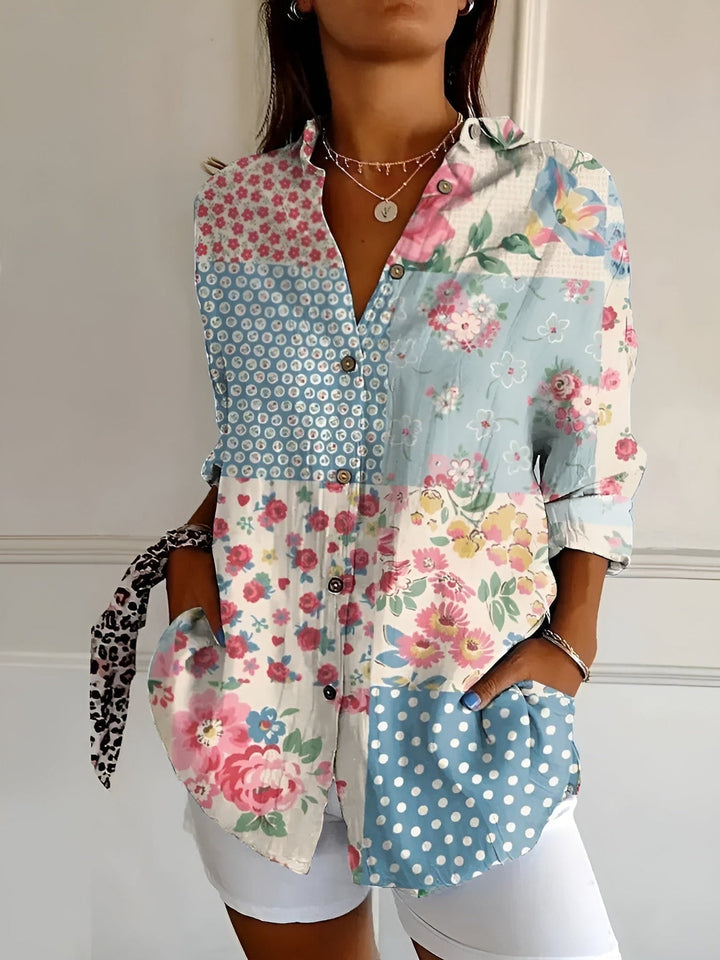 Brenda - Casual Blouse With Flowers And Waves