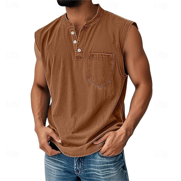 Latrell - Sleeveless Henley Tank With Pocket