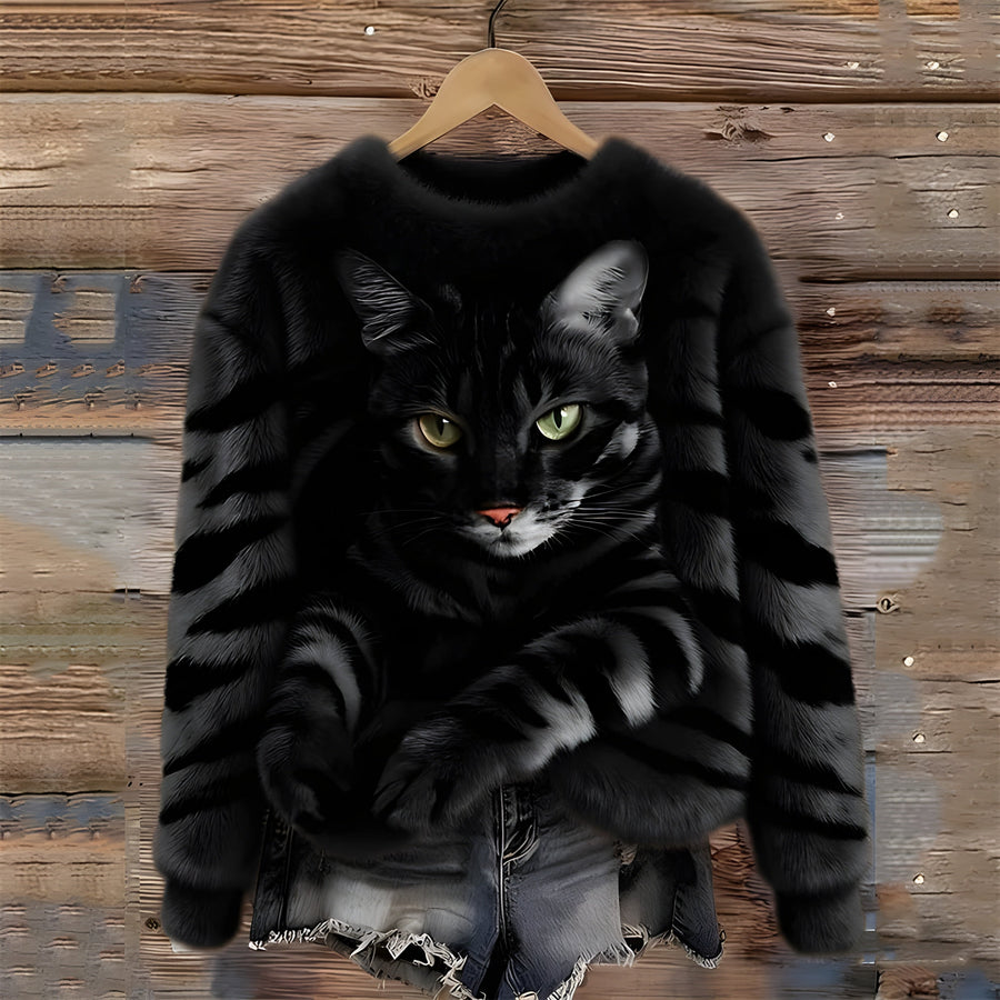 Melietta - Faux Fur Sweater With Cat Print